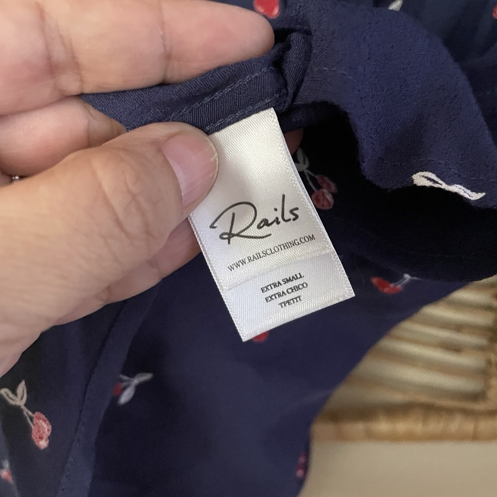 Rails Kate Navy Blue Cherries Shirt Button Up Rayon Cherry Novelty Print XS B34 - Picture 8 of 14